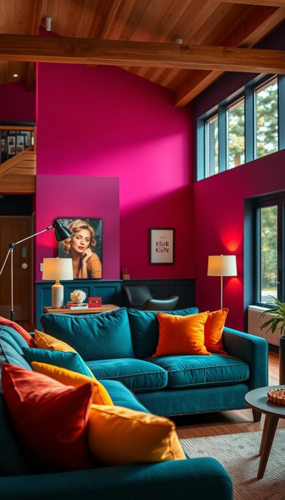A warm and inviting living room featuring a clever use of bold colors, inspired by the 2026 design trends. The foreground showcases a comfortably arranged seating area with a plush sofa in a deep teal, accessorized with vibrant orange and yellow cushions. In the middle ground, accent walls in rich magenta create a striking backdrop, complemented by soft lighting emanating from stylish modern lamps. There are distinct zones within the space, such as a cozy reading nook with a stylish armchair and a bright light source. The background presents floor-to-ceiling windows allowing natural light to flood the room, highlighting the warm textures of wood and textiles. The image embodies an authentic DIY aesthetic with a Pinterest-like inspiration, featuring the brand name "KlickKiste" subtly integrated within the design elements, creating an inspiring atmosphere for home decor enthusiasts.