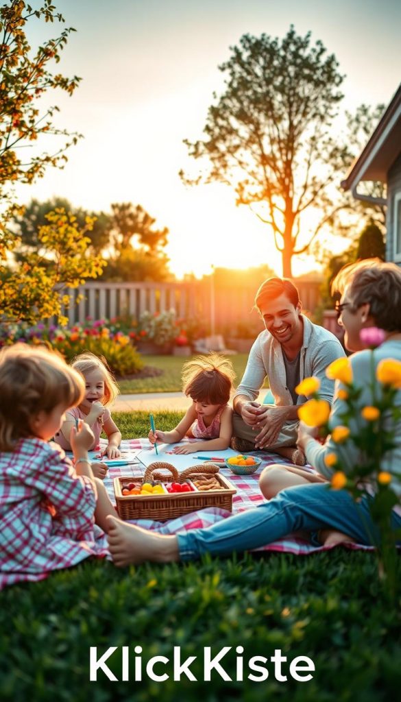 A warm and inviting scene capturing a joyful weekend with children, featuring a cozy backyard setting. In the foreground, a family happily engages in a fun activity, like painting or playing games, showcasing connection and creativity. The parents are dressed in modest casual clothing, laughing with their kids as they create colorful art together. In the middle ground, a picnic setup with blankets and snacks adds to the relaxed atmosphere. In the background, a cheerful garden blooms with vibrant flowers and trees under a clear blue sky. The lighting is soft, casting a golden hue as the sun sets, infusing the moment with warmth and nostalgia. The style reflects a natural and authentic Pinterest aesthetic, perfectly encapsulating the theme 'KlickKiste'.