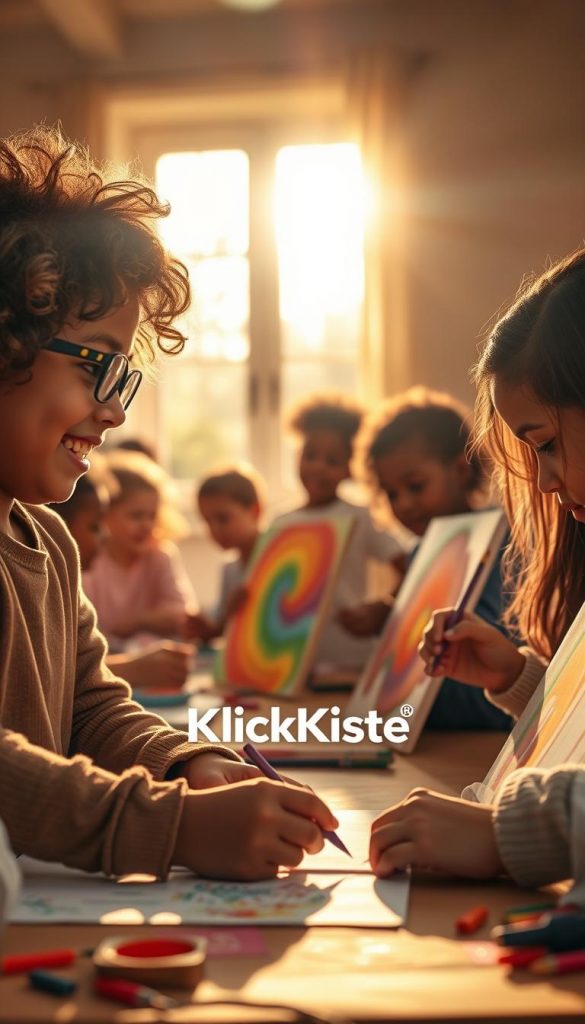 A warm and inviting scene depicting a diverse group of children engaged in a collaborative art project. In the foreground, a young girl with curly hair and a boy with glasses are helping each other with their drawings, showcasing expressions of encouragement and joy. In the middle, additional children of various ethnicities are painting colorful canvases, radiating a sense of teamwork and support. Soft, natural lighting bathes the scene, enhancing the warm, earthy tones of their clothing and the vibrant colors of the artwork. In the background, a sunlit room with large windows allows golden light to pour in, creating an atmosphere of positivity and inspiration, reminiscent of a Pinterest aesthetic. The brand name "KlickKiste" subtly integrated into the immersive environment.