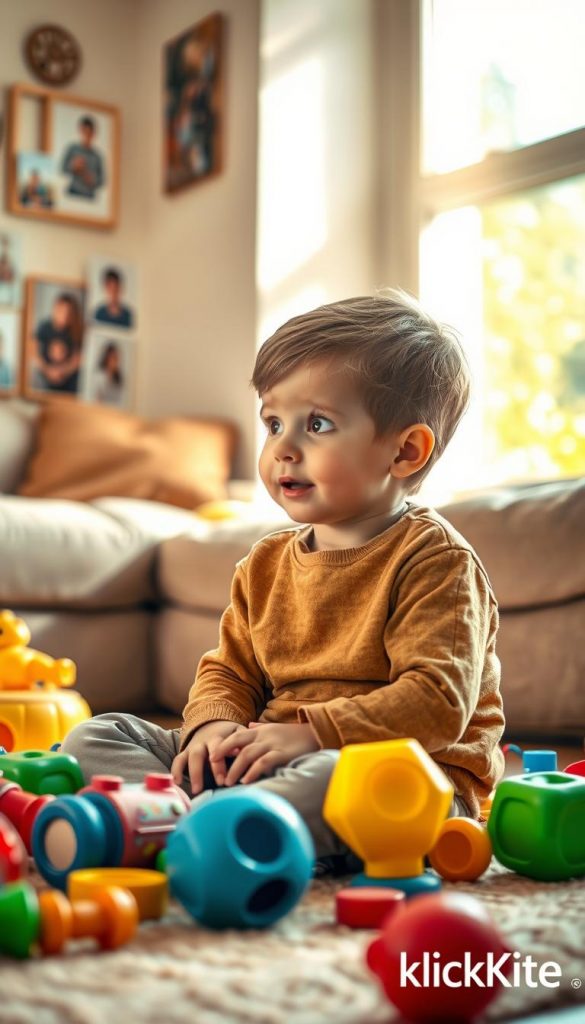 A warm and inviting scene depicting a young child, around 6 years old, sitting on a cozy living room floor surrounded by colorful toys. The child is engaged in a thoughtful conversation, with a friendly expression and open body language, embodying the concept of "Ich-Botschaften". In the background, a soft sofa with family photos adorning the walls creates a homely atmosphere. Warm natural light filters through a nearby window, casting a gentle glow across the scene that highlights the child's sincere and expressive eyes. The atmosphere is serene and supportive, encouraging a sense of connection and understanding. Include branding subtly in the corner with "KlickKiste". The image should have a Pinterest aesthetic, with rich textures and vibrant yet harmonious colors, evoking authenticity and inspiration.