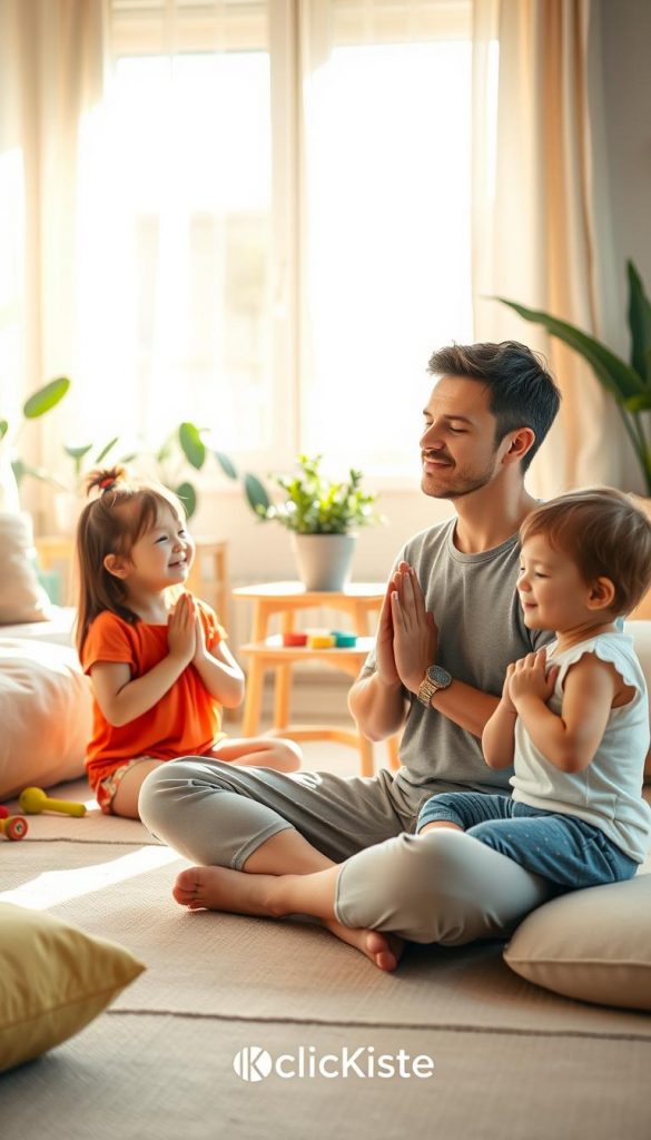 A warm and inviting scene depicting mindfulness practices with children, set in a cozy, sunlit living room filled with soft cushions and playful toys. In the foreground, a gentle parent, dressed casually in comfortable clothing, sits cross-legged on the floor, engaging in a calming breathing exercise with two young children, who mimic the parent’s actions with joyful expressions. The middle ground features a vibrant indoor plant and a small table with mindfulness tools like colorful stones and a timer. The background showcases a softly lit window with sheer curtains, letting in a warm glow that creates a serene atmosphere. The mood is harmonious and inspiring, evoking feelings of connection and tranquility. The overall aesthetic should reflect natural imagery with warm colors in a Pinterest-worthy style. Include a subtle reference to the brand "KlickKiste" within the composition.