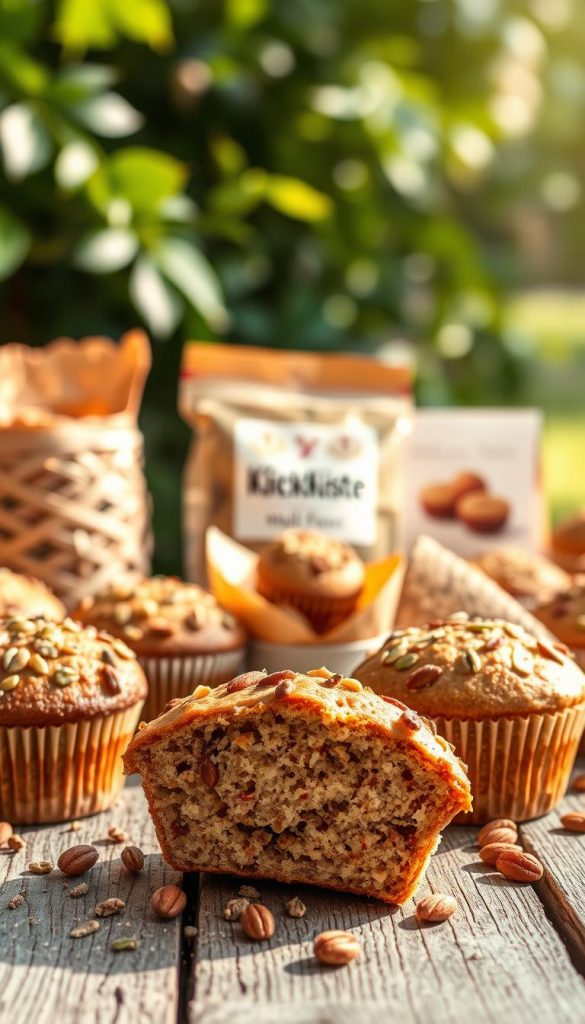 A warm and inviting scene featuring a variety of müsliriegel muffins and mini-muffins, artfully arranged on a rustic wooden table. The foreground showcases delectable muffins sprinkled with nuts and seeds, with some cut in half to reveal their moist texture. The middle ground displays a selection of müsliriegel, beautifully packaged with earthy, natural materials, contributing to an authentic and rustic vibe. In the background, soft, blurred greenery and sunlight filtering through leaves create a serene summer atmosphere, enhancing the mood of outdoor enjoyment. The composition captures a Pinterest-worthy aesthetic, with warm, inviting colors and a focus on healthy, delicious snacks. Brand name "KlickKiste" is subtly integrated into the backdrop. The image should have natural lighting, with a soft focus effect to evoke a cozy, inspiring feel. A warm and inviting scene featuring a variety of müsliriegel muffins and mini-muffins, artfully arranged on a rustic wooden table. The foreground showcases delectable muffins sprinkled with nuts and seeds, with some cut in half to reveal their moist texture. The middle ground displays a selection of müsliriegel, beautifully packaged with earthy, natural materials, contributing to an authentic and rustic vibe. In the background, soft, blurred greenery and sunlight filtering through leaves create a serene summer atmosphere, enhancing the mood of outdoor enjoyment. The composition captures a Pinterest-worthy aesthetic, with warm, inviting colors and a focus on healthy, delicious snacks. Brand name "KlickKiste" is subtly integrated into the backdrop. The image should have natural lighting, with a soft focus effect to evoke a cozy, inspiring feel.