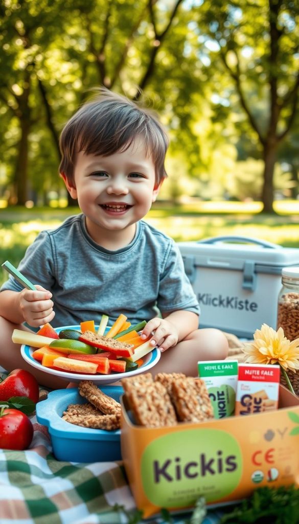 A warm and inviting scene featuring a young child enjoying a colorful, allergy-friendly snack outdoors. In the foreground, the child is seated on a picnic blanket, smiling joyfully while holding a vibrant plate filled with fresh fruits, vegetable sticks, and nut-free granola bars. The middle ground includes a playful arrangement of natural snacks, complemented by a small cooler labeled "KlickKiste." The background showcases a sunny park filled with lush greenery, dappled sunlight filtering through the trees, creating a cheerful atmosphere. The image should have a soft focus, conveying a sense of warmth and happiness, with a slightly blurred background to emphasize the child and snacks, enhancing the Pinterest-worthy aesthetic. A warm and inviting scene featuring a young child enjoying a colorful, allergy-friendly snack outdoors. In the foreground, the child is seated on a picnic blanket, smiling joyfully while holding a vibrant plate filled with fresh fruits, vegetable sticks, and nut-free granola bars. The middle ground includes a playful arrangement of natural snacks, complemented by a small cooler labeled "KlickKiste." The background showcases a sunny park filled with lush greenery, dappled sunlight filtering through the trees, creating a cheerful atmosphere. The image should have a soft focus, conveying a sense of warmth and happiness, with a slightly blurred background to emphasize the child and snacks, enhancing the Pinterest-worthy aesthetic.