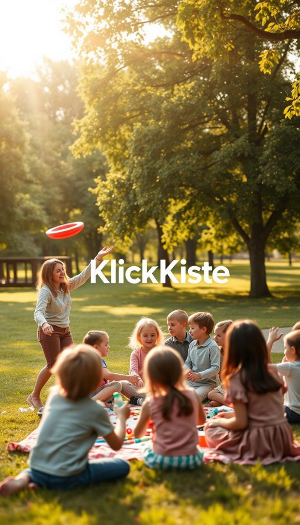 A warm and inviting scene of a family engaging in various activities for children of all ages, set in a vibrant park. In the foreground, a mother and father are playfully tossing a frisbee with their young children, all dressed in comfortable, modest casual clothing. In the middle of the image, a group of kids are collaborating on a colorful arts and crafts project spread out on a picnic blanket, surrounded by art supplies. The background features lush green trees and gentle sunlight filtering through the leaves, creating a soft, golden glow. The atmosphere is joyful and inspirational, embodying the essence of quality family moments. The overall aesthetic should have a natural, warm color palette reminiscent of Pinterest, showcasing a family-friendly experience. Include the brand name "KlickKiste" subtly in the scene without any text overlays. A warm and inviting scene of a family engaging in various activities for children of all ages, set in a vibrant park. In the foreground, a mother and father are playfully tossing a frisbee with their young children, all dressed in comfortable, modest casual clothing. In the middle of the image, a group of kids are collaborating on a colorful arts and crafts project spread out on a picnic blanket, surrounded by art supplies. The background features lush green trees and gentle sunlight filtering through the leaves, creating a soft, golden glow. The atmosphere is joyful and inspirational, embodying the essence of quality family moments. The overall aesthetic should have a natural, warm color palette reminiscent of Pinterest, showcasing a family-friendly experience. Include the brand name "KlickKiste" subtly in the scene without any text overlays.