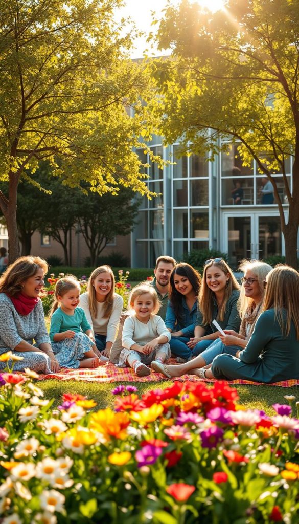 A warm and inviting scene showcasing a supportive network of parents collaborating in a sunny community park. In the foreground, a diverse group of parents, dressed in modest casual clothing, are engaged in friendly conversation and sharing ideas while seated on colorful picnic blankets. In the middle ground, children play joyfully, with laughter echoing around vibrant flowers and trees, creating a lively atmosphere. In the background, a beautiful co-working space with large windows fills the area with bright light, symbolizing collaboration and growth. Soft golden sunlight filters through the leaves, enhancing the cozy ambiance. The overall mood is nurturing and inspiring, capturing the essence of community support, perfectly reflecting the concept of "KlickKiste".