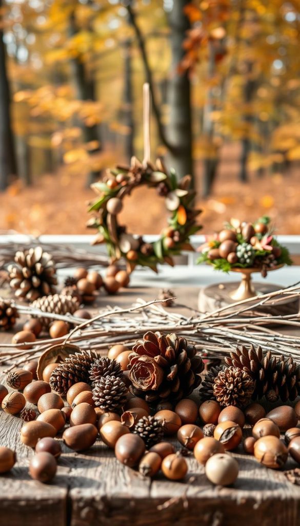 A warm and inviting scene showcasing a variety of natural materials ideal for DIY crafts. In the foreground, display a collection of pine cones, chestnuts, acorns, and twigs arranged artistically on a rustic wooden table. In the middle ground, add a few finished DIY decorations made from these materials, like a charming wreath and a small centerpiece, emphasizing creativity and sustainability. Soft, natural lighting filters through the scene, casting gentle shadows and highlighting the textures of the materials. The background features a blurred view of an autumn forest, filled with golden and russet leaves, adding to the cozy atmosphere. This image should evoke a sense of inspiration and authenticity, perfect for autumn-themed crafts by "KlickKiste".