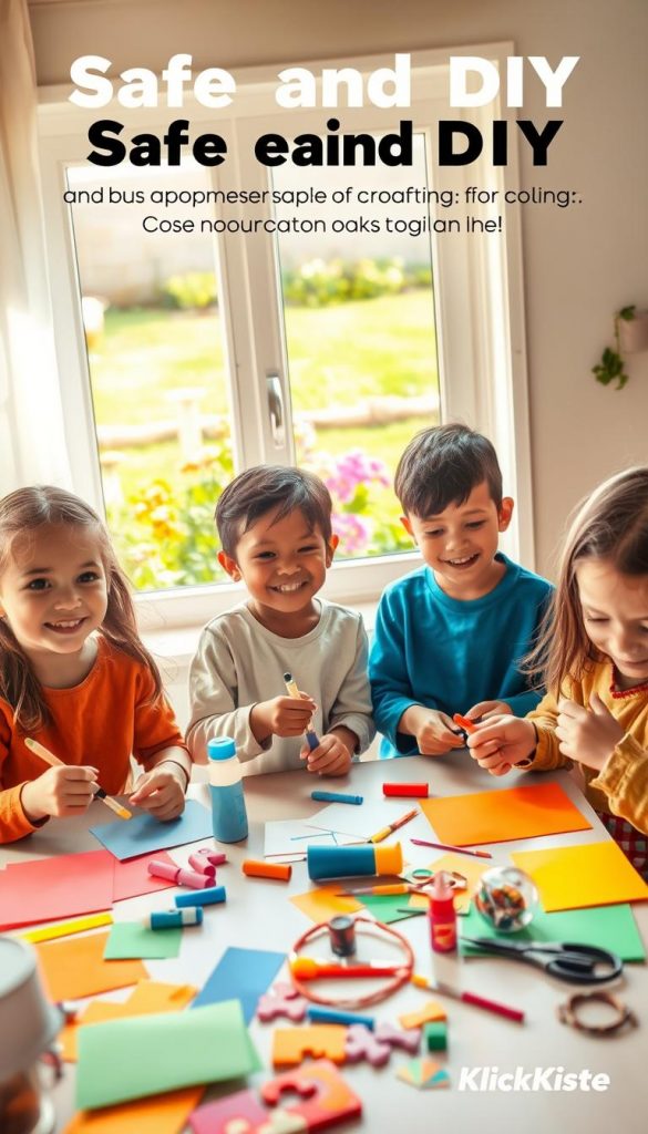 A warm and inviting scene showcasing children engaged in safe and creative DIY projects in a cozy home setting, with a bright and cheerful atmosphere. In the foreground, a diverse group of three children (ages 5-8) are joyfully crafting with colorful materials—paper, glue, and scissors—wearing casual, modest clothing. The middle ground features a table covered with various crafting supplies, while in the background, soft natural light filters through a window, illuminating a small garden visible just outside. The garden consists of vibrant flowers and a well-kept lawn, enhancing the DIY theme. The overall mood is joyful and inspiring, reflecting family bonding and creativity. This image evokes the spirit of warm colors and the Pinterest aesthetic, branded subtly with "KlickKiste" elements, emphasizing safety and fun in crafting experiences.