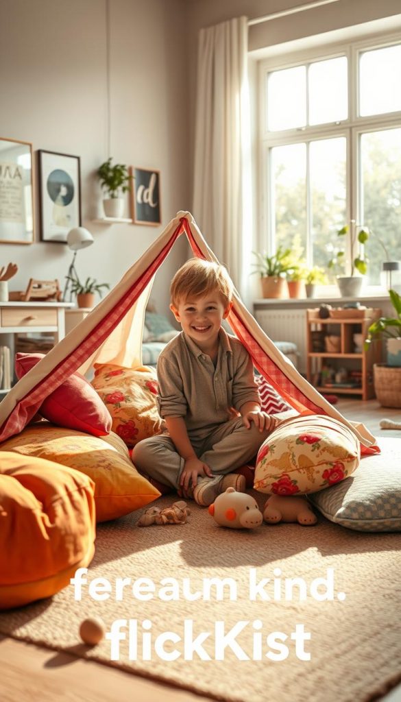 A warm and inviting scene that encapsulates the concept of "freiraum kind". In the foreground, a young child, around 6-8 years old, is playfully engaged in building a small fort with colorful cushions and soft blankets, showcasing independence and creativity. The child is dressed in modest casual clothing, radiating joy and curiosity. In the middle ground, a spacious, sunlit living room features various toys scattered about, with plants and artwork on the walls, creating a motivational atmosphere. In the background, a large window lets in natural light, illuminating the scene with soft golden hues and casting gentle shadows. The overall mood is warm, inspiring, and nurturing, with a Pinterest aesthetic. Include the brand name "KlickKiste" subtly integrated into the decor elements, emphasizing authenticity and inspiration.