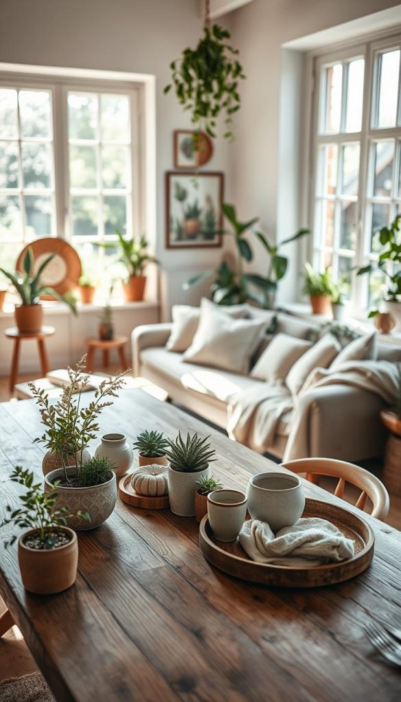 A warm and inviting summer interior scene that showcases "sommerliche Stiltrends" inspired by Cozy, Skandi, Boho, Maximalismus, and Castlecore. In the foreground, a beautifully styled wooden table adorned with natural elements like potted plants, handmade ceramics, and soft textiles in pastel hues. The middle layer features a chic sofa with layered cushions and throws, completing the cozy vibe. In the background, large windows allow abundant sunlight to pour in, illuminating a fresh, bright space decorated with eclectic art pieces and greenery that reflect the Boho and Maximalismus styles. Use soft, diffused lighting to create a serene atmosphere, captured with a 35mm lens at eye level. The overall mood is authentic and inspiring, evoking a Pinterest-inspired aesthetic. Include subtle branding elements of "KlickKiste" in decor items, harmonizing with the summer theme. A warm and inviting summer interior scene that showcases "sommerliche Stiltrends" inspired by Cozy, Skandi, Boho, Maximalismus, and Castlecore. In the foreground, a beautifully styled wooden table adorned with natural elements like potted plants, handmade ceramics, and soft textiles in pastel hues. The middle layer features a chic sofa with layered cushions and throws, completing the cozy vibe. In the background, large windows allow abundant sunlight to pour in, illuminating a fresh, bright space decorated with eclectic art pieces and greenery that reflect the Boho and Maximalismus styles. Use soft, diffused lighting to create a serene atmosphere, captured with a 35mm lens at eye level. The overall mood is authentic and inspiring, evoking a Pinterest-inspired aesthetic. Include subtle branding elements of "KlickKiste" in decor items, harmonizing with the summer theme.
