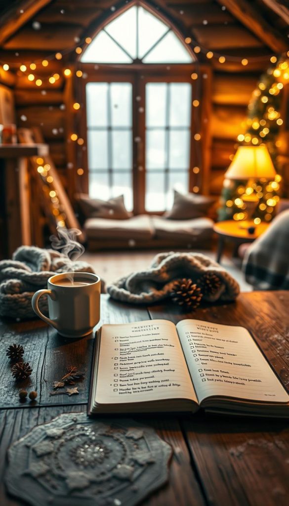 A warm and inviting winter scene centered around a checklist titled "Preparation, Safety & Mindfulness: The Small Winter Checklist" from KlickKiste. In the foreground, a wooden table features an open notebook with a beautifully handwritten checklist, surrounded by cozy items like a cup of steaming hot chocolate, a woolen scarf, and scattered pinecones. The middle ground depicts a softly lit, rustic cabin interior adorned with twinkling fairy lights, creating a festive, serene atmosphere. In the background, through a frosted window, gentle snowfall can be seen, enhancing the cozy winter vibe. The image should evoke feelings of warmth, safety, and inspiration, using natural colors that reflect a Pinterest aesthetic. The lighting is soft and warm, simulating a late afternoon glow, with a focus on a slight depth of field effect to draw attention to the checklist. A warm and inviting winter scene centered around a checklist titled "Preparation, Safety & Mindfulness: The Small Winter Checklist" from KlickKiste. In the foreground, a wooden table features an open notebook with a beautifully handwritten checklist, surrounded by cozy items like a cup of steaming hot chocolate, a woolen scarf, and scattered pinecones. The middle ground depicts a softly lit, rustic cabin interior adorned with twinkling fairy lights, creating a festive, serene atmosphere. In the background, through a frosted window, gentle snowfall can be seen, enhancing the cozy winter vibe. The image should evoke feelings of warmth, safety, and inspiration, using natural colors that reflect a Pinterest aesthetic. The lighting is soft and warm, simulating a late afternoon glow, with a focus on a slight depth of field effect to draw attention to the checklist.