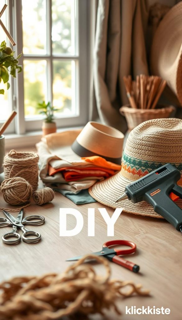 A warm and inviting workspace featuring a variety of sustainable and affordable DIY materials for summer projects, such as straw, linen, and cotton in earthy tones. In the foreground, neatly arranged tools like scissors, twine, and a hot glue gun provide an organized, inspiring setting. The middle shows colorful swatches of fabric and a partially completed summer hat, showcasing texture and creativity. In the background, a sunlit window with soft, natural light filters in, enhancing the cozy atmosphere. The scene evokes a Pinterest aesthetic, with vibrant yet harmonious colors. Branding subtly displayed as "KlickKiste" harmonizes with the DIY theme, inviting the viewer to explore and create. A warm and inviting workspace featuring a variety of sustainable and affordable DIY materials for summer projects, such as straw, linen, and cotton in earthy tones. In the foreground, neatly arranged tools like scissors, twine, and a hot glue gun provide an organized, inspiring setting. The middle shows colorful swatches of fabric and a partially completed summer hat, showcasing texture and creativity. In the background, a sunlit window with soft, natural light filters in, enhancing the cozy atmosphere. The scene evokes a Pinterest aesthetic, with vibrant yet harmonious colors. Branding subtly displayed as "KlickKiste" harmonizes with the DIY theme, inviting the viewer to explore and create.
