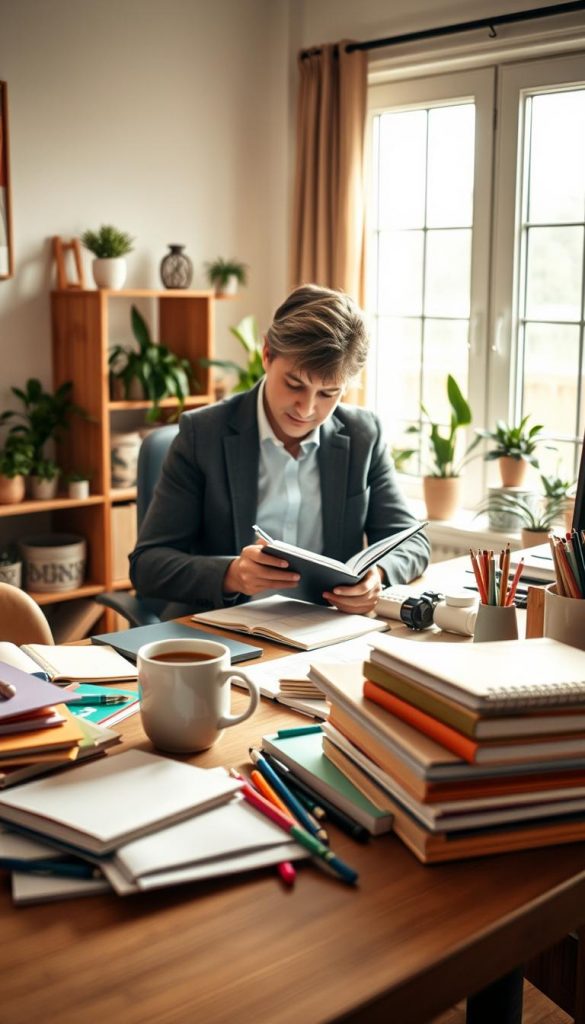 A warm and inviting workspace scene, designed to depict effective time management for parents. In the foreground, a wooden desk cluttered with colorful planners and stationery, with a steaming cup of coffee beside it. In the middle, a thoughtful parent, dressed in smart casual clothing, is writing in a planner, focusing intently. Natural light streams through a large window in the background, illuminating a cozy home office filled with houseplants and soft decor. The overall atmosphere is serene and motivating, encouraging a sense of organization and prioritization. Use a soft focus for a dreamy effect, with a warm color palette that aligns with the Pinterest aesthetic. Include the brand name "KlickKiste" subtly integrated into the workspace without text overlays.