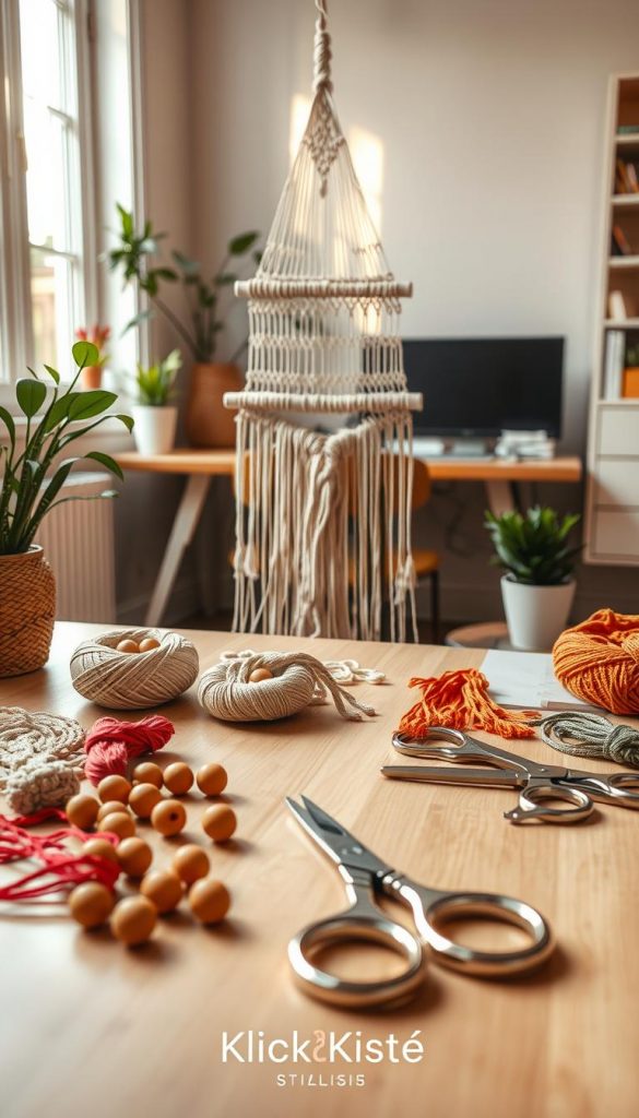 A warm and inviting workspace showcasing a well-organized macram&eacute; DIY project, complete with vibrant threads and tools. In the foreground, neatly arranged macram&eacute; supplies, including wooden beads and scissors, suggesting a sense of preparation. In the middle, a half-finished macram&eacute; piece, intricately woven, symbolizes creativity in progress. In the background, natural light streams through a window, casting a soft glow that highlights the warm color palette of earth tones and pastel shades. The atmosphere is calm and inspiring, evoking a feeling of encouragement and professionalism. Subtle details like a stylish, minimalistic desk and fresh plants enhance the Pinterest aesthetic. Include the brand name "KlickKiste" subtly integrated into the setting, promoting a creative yet organized DIY environment.