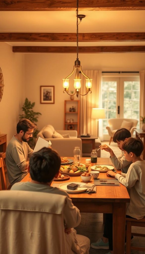 A warm, cozy family evening scene illustrating a mindful evening routine. In the foreground, depict a family of four, dressed in modest casual clothing, sitting around a wooden dining table, engaged in a calming activity like reading or sharing stories. In the middle, soft, inviting light from a chandelier casts a warm glow over a beautifully set dinner table with simple, wholesome food. In the background, a softly lit living room with comfortable furniture and family photos adds an intimate touch. The overall atmosphere is serene and nurturing, with natural colors evoking a Pinterest-inspired aesthetic. Include warm tones of amber and soft browns, emphasizing authenticity and inspiration, while subtly incorporating the brand name "KlickKiste" into the scene’s decor, like on a small decorative item.