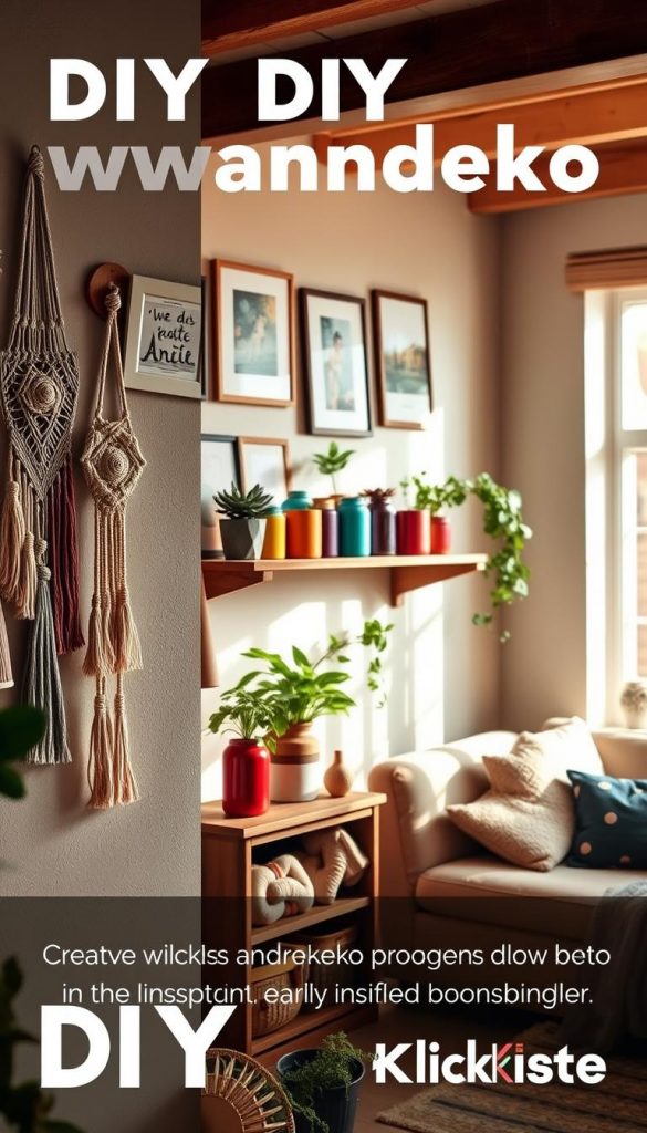 A warm, inviting DIY interior scene showcasing creative "wanddeko" ideas for families, featuring handmade decorations on a wall. In the foreground, there's a colorful array of macrame hangings and framed artwork. The middle layer includes a rustic wooden shelf adorned with potted plants and upcycled items like jars painted in vibrant colors, exuding a sense of creativity and resourcefulness. The background displays a softly lit room with cozy furniture, emphasizing a homey atmosphere. Natural light streams in through a large window, casting gentle shadows. The warm color palette reflects an authentic, Pinterest-inspired aesthetic, promoting inspiration and family bonding in DIY projects under the brand "KlickKiste".