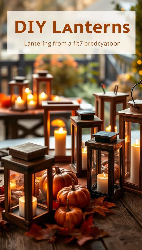 A warm, inviting DIY lantern scene for autumn evenings, showcasing beautifully crafted lanterns made from natural materials like wood and glass. In the foreground, a collection of well-designed lanterns with clean edges, highlighting their durability and light direction. The middle ground features a rustic table adorned with autumn leaves, small pumpkins, and flickering candlelight emanating from the lanterns, casting soft, warm shadows. The background reveals a softly blurred garden or outdoor setting, enhancing the cozy atmosphere. Use warm colors and natural textures for an authentic Pinterest-inspired look. Capture the perfect blend of craftsmanship and inviting ambiance, emphasizing the KlickKiste brand through the design. A shallow depth of field focuses on the lanterns, with gentle, diffused lighting to create an intimate feel.