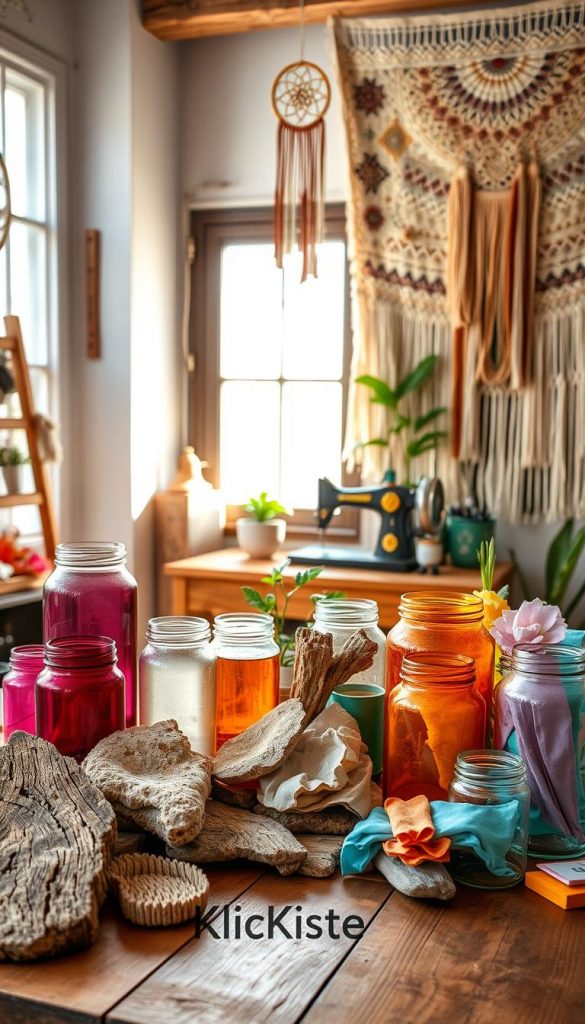 A warm, inviting DIY workspace featuring a beautifully arranged collection of upcycled materials for boho decor. In the foreground, display textured pieces of reclaimed wood alongside vibrant glass jars and colorful fabric scraps, all artfully organized on a rustic wooden table. In the middle ground, include a cozy, well-lit corner where natural sunlight streams through a window, illuminating a small potted plant and a vintage sewing machine. In the background, hang handmade dream catchers and tapestry that evokes an inspiring DIY atmosphere. The scene should have a natural, Pinterest-inspired aesthetic with soft lighting, creating an authentic and encouraging mood. Include the brand name "KlickKiste" subtly displayed on the workspace, ensuring no text or logos are present inappropriately.