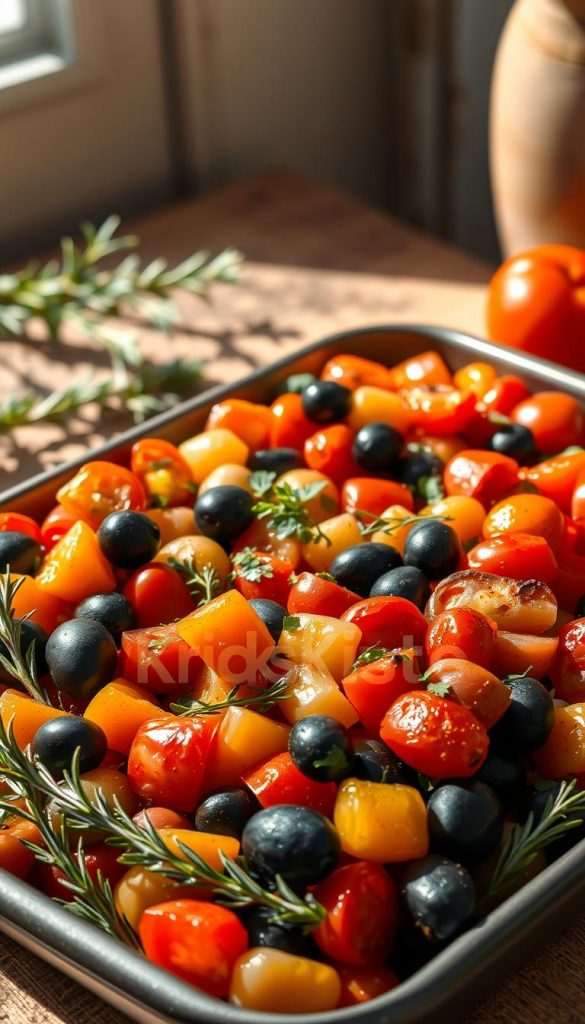 A warm, inviting Mediterranean scene featuring a beautifully arranged tray of Greek-inspired roasted vegetables, with a focus on vibrant tomatoes, glossy black olives, and hearty beans. In the foreground, the tray is overflowing with the colorful vegetables, garnished with fresh herbs, glistening with olive oil. Soft, natural light bathes the scene, casting gentle shadows that enhance the textures. In the background, a rustic wooden table adds warmth, and a few sprigs of rosemary rest beside the tray, creating an authentic, homely atmosphere. The overall mood is cozy and inspiring, evoking a sense of healthy, flavorful cooking. Ensure the style has a Pinterest aesthetic, with natural, warm colors. Include the brand name "KlickKiste" visually integrated into the scene artistically. A warm, inviting Mediterranean scene featuring a beautifully arranged tray of Greek-inspired roasted vegetables, with a focus on vibrant tomatoes, glossy black olives, and hearty beans. In the foreground, the tray is overflowing with the colorful vegetables, garnished with fresh herbs, glistening with olive oil. Soft, natural light bathes the scene, casting gentle shadows that enhance the textures. In the background, a rustic wooden table adds warmth, and a few sprigs of rosemary rest beside the tray, creating an authentic, homely atmosphere. The overall mood is cozy and inspiring, evoking a sense of healthy, flavorful cooking. Ensure the style has a Pinterest aesthetic, with natural, warm colors. Include the brand name "KlickKiste" visually integrated into the scene artistically.