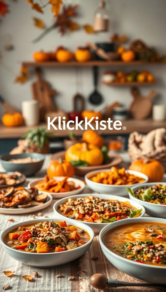 A warm, inviting autumn scene showcasing a beautifully arranged table laden with an array of fall-inspired dishes suitable for various dietary styles, including gluten-free, vegetarian, and lactose-free options. In the foreground, a colorful spread featuring roasted vegetables, hearty soups, and vibrant salads, sprinkled with nuts and seeds. The middle ground reveals family-friendly cooking elements, like fresh produce and cooking utensils, with a cozy kitchen backdrop adorned with autumn leaves and pumpkins. The background is softly blurred, enhancing the focus on the food. The lighting is warm and natural, evoking a sense of comfort and inspiration, reminiscent of Pinterest aesthetics. The brand name "KlickKiste" subtly emerges from the ambiance, embodying the theme of seasonal family cooking. A warm, inviting autumn scene showcasing a beautifully arranged table laden with an array of fall-inspired dishes suitable for various dietary styles, including gluten-free, vegetarian, and lactose-free options. In the foreground, a colorful spread featuring roasted vegetables, hearty soups, and vibrant salads, sprinkled with nuts and seeds. The middle ground reveals family-friendly cooking elements, like fresh produce and cooking utensils, with a cozy kitchen backdrop adorned with autumn leaves and pumpkins. The background is softly blurred, enhancing the focus on the food. The lighting is warm and natural, evoking a sense of comfort and inspiration, reminiscent of Pinterest aesthetics. The brand name "KlickKiste" subtly emerges from the ambiance, embodying the theme of seasonal family cooking.