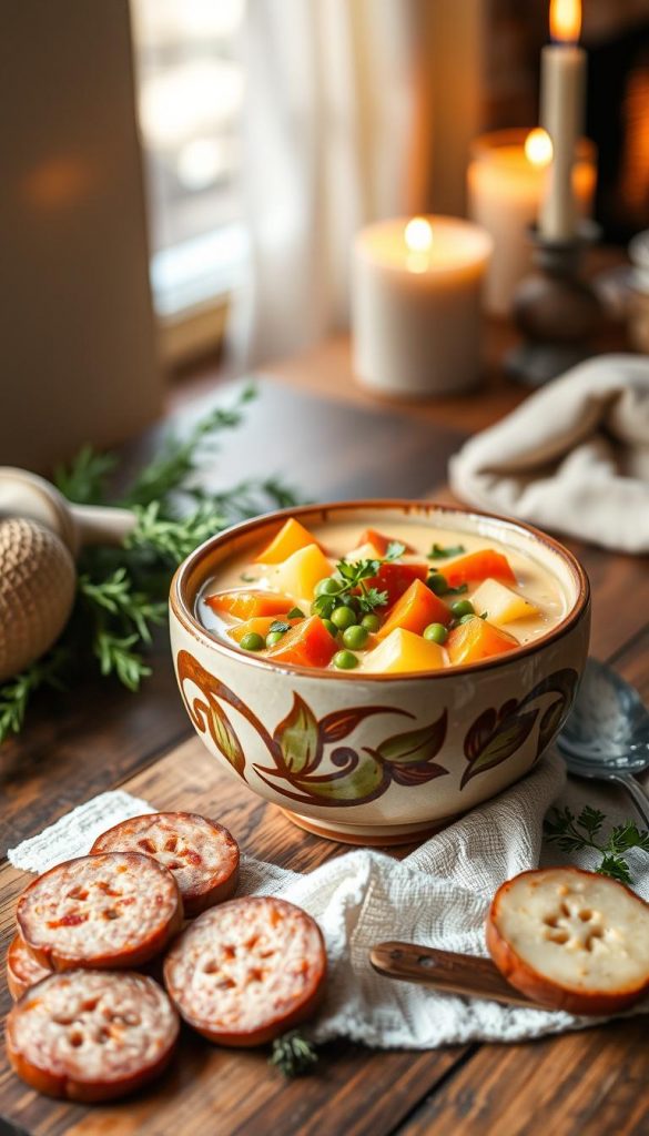 A warm, inviting bowl of creamy potato soup with vibrant, colorful vegetables like carrots, peas, and bell peppers, garnished with fresh herbs. The soup is served in a rustic, hand-painted ceramic bowl, placed on a wooden table. In the background, soft, natural lighting creates a cozy atmosphere, enhanced by the gentle glow from nearby candles. A few slices of sausage are artistically arranged beside the bowl, hinting at the option to add them. The overall composition should evoke a sense of comfort and homeliness, embodying the essence of autumn. The image should reflect a Pinterest-worthy aesthetic with warm hues, natural textures, and an inviting ambiance, showcasing a delightful meal from KlickKiste.