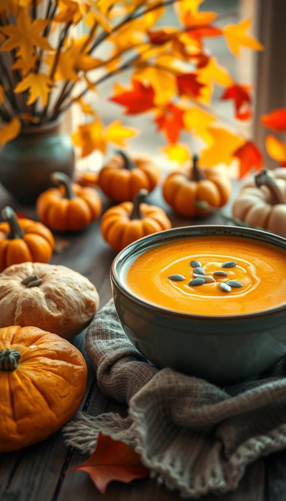 A warm, inviting bowl of creamy pumpkin soup sits in the foreground, surrounded by freshly baked bread rolls and a sprinkle of pumpkin seeds on top. The soup is a rich orange color, reflecting the vibrant hues of autumn. In the middle, a rustic wooden table adorned with small decorative pumpkins and fresh herbs creates a cozy atmosphere. The background features softly blurred fall leaves in warm yellows and reds, enhancing the seasonal theme. The lighting is soft and natural, mimicking golden hour sunlight, creating a warm and inviting vibe. Capture this scene with a slight tilt angle to add depth, emphasizing the comforting and hearty qualities of the dish. This image embodies authenticity and inspiration, capturing the essence of a family-friendly fall meal, branded as "KlickKiste."