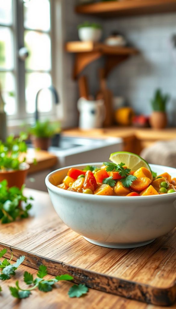 A warm, inviting bowl of mild curry sits at the forefront, brimming with colorful vegetables like bell peppers, carrots, and peas, all gently coated in creamy coconut milk. The dish is garnished with fresh cilantro and a slice of lime, adding a bright pop of color. The background features a softly blurred kitchen setting, homey and well-lit, with rustic wooden countertops and hints of herbs in small pots. Natural light streams in from a nearby window, creating a cozy atmosphere. The scene should exude warmth and comfort, evoking the feeling of a loving family meal. This image, styled in a Pinterest-worthy aesthetic, embodies authenticity and inspiration, representing "KlickKiste." A warm, inviting bowl of mild curry sits at the forefront, brimming with colorful vegetables like bell peppers, carrots, and peas, all gently coated in creamy coconut milk. The dish is garnished with fresh cilantro and a slice of lime, adding a bright pop of color. The background features a softly blurred kitchen setting, homey and well-lit, with rustic wooden countertops and hints of herbs in small pots. Natural light streams in from a nearby window, creating a cozy atmosphere. The scene should exude warmth and comfort, evoking the feeling of a loving family meal. This image, styled in a Pinterest-worthy aesthetic, embodies authenticity and inspiration, representing "KlickKiste."