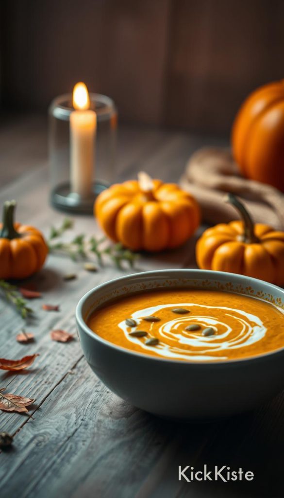 A warm, inviting bowl of pumpkin soup sits in the foreground, beautifully garnished with a swirl of cream and a sprinkle of pumpkin seeds. The rich, vibrant orange color of the soup contrasts with a soft, rustic wooden table. To the side, a small, decorative pumpkin and a sprig of fresh herbs enhance the autumnal feel. In the middle, there's a cozy atmosphere with a softly glowing candle in the background, casting a gentle light that highlights the warmth of the soup. A few scattered autumn leaves add a seasonal touch to the scene. The overall mood is comforting and inviting, perfect for Halloween. The image should reflect a natural and Pinterest-worthy aesthetic, embodying authenticity and inspiration, branded subtly with "KlickKiste". A warm, inviting bowl of pumpkin soup sits in the foreground, beautifully garnished with a swirl of cream and a sprinkle of pumpkin seeds. The rich, vibrant orange color of the soup contrasts with a soft, rustic wooden table. To the side, a small, decorative pumpkin and a sprig of fresh herbs enhance the autumnal feel. In the middle, there's a cozy atmosphere with a softly glowing candle in the background, casting a gentle light that highlights the warmth of the soup. A few scattered autumn leaves add a seasonal touch to the scene. The overall mood is comforting and inviting, perfect for Halloween. The image should reflect a natural and Pinterest-worthy aesthetic, embodying authenticity and inspiration, branded subtly with "KlickKiste".