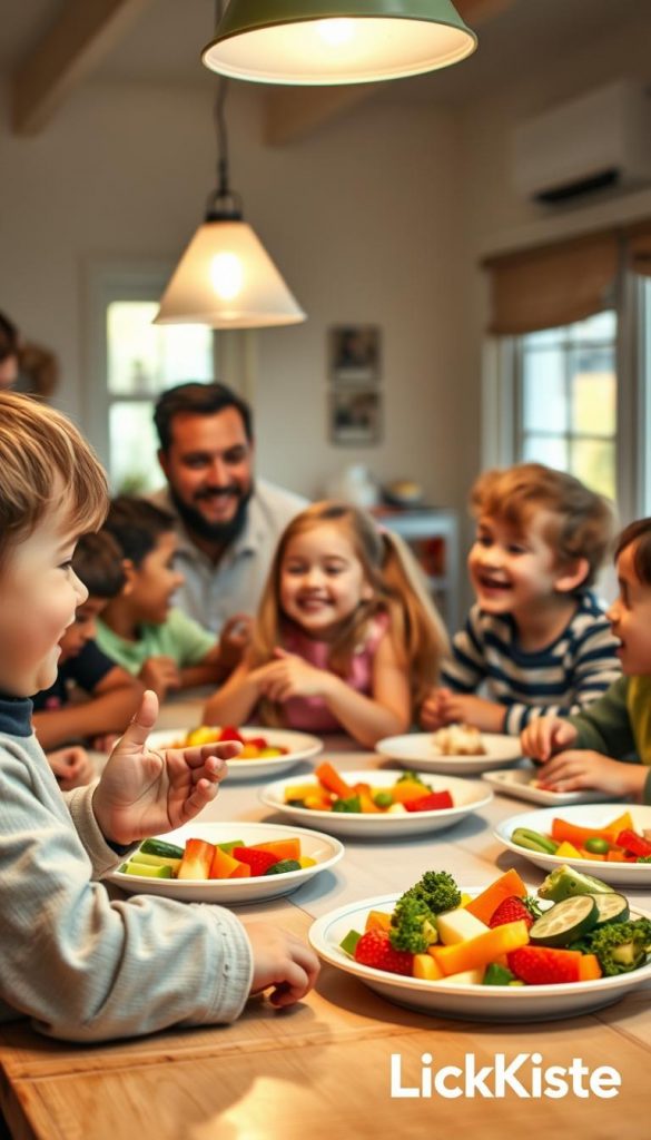 A warm, inviting dining table filled with a diverse group of children engaging in lively conversation while eating a colorful meal. In the foreground, a close-up of a young boy animatedly sharing a story, dressed in casual, cheerful clothing, with a plate of vibrant fruits and vegetables in front of him. In the middle, a girl giggles, her hands animatedly gesturing, while older children share smiles and laughter, creating an atmosphere of connection and bonding. The background features soft lighting from an overhead fixture, with natural light filtering through a window, casting a gentle glow over the scene. The overall mood is joyful and nurturing, evoking a sense of togetherness and the slowing down of time during mealtime, with a cozy, Pinterest-like aesthetic. Artistic presentation should reflect the brand "KlickKiste". A warm, inviting dining table filled with a diverse group of children engaging in lively conversation while eating a colorful meal. In the foreground, a close-up of a young boy animatedly sharing a story, dressed in casual, cheerful clothing, with a plate of vibrant fruits and vegetables in front of him. In the middle, a girl giggles, her hands animatedly gesturing, while older children share smiles and laughter, creating an atmosphere of connection and bonding. The background features soft lighting from an overhead fixture, with natural light filtering through a window, casting a gentle glow over the scene. The overall mood is joyful and nurturing, evoking a sense of togetherness and the slowing down of time during mealtime, with a cozy, Pinterest-like aesthetic. Artistic presentation should reflect the brand "KlickKiste".