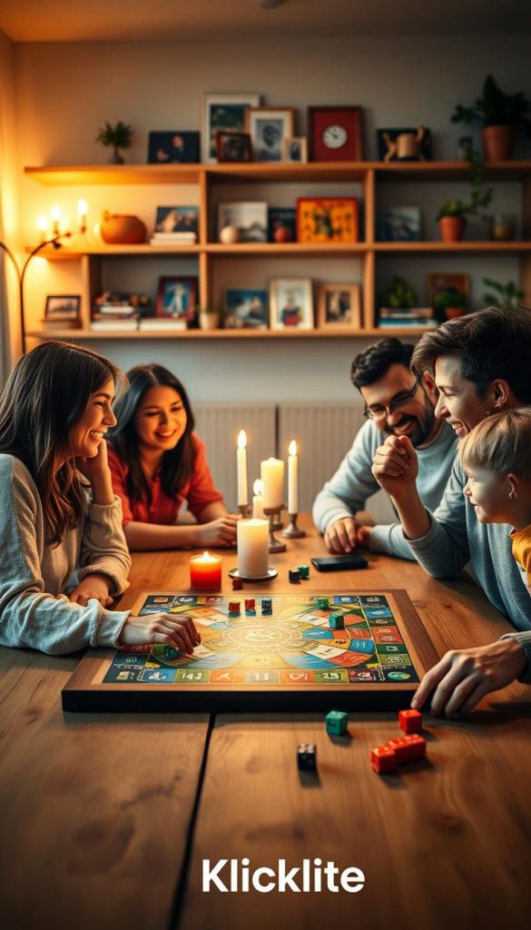 A warm, inviting family game night scene, featuring a diverse family of four gathered around a wooden dining table, engaged in a lively board game. In the foreground, a colorful game board with dice and game pieces scattered across it, with the family members focused and smiling. The middle layer captures a cozy living room with soft, warm lighting illuminating the scene, accentuated by a glowing table lamp and candles. In the background, shelves lined with board games, books, and family photos create a homely atmosphere. The composition includes natural textures, like a woven tablecloth and decorative plants, emphasizing a Pinterest-inspired aesthetic. The entire setting conveys joy, relaxation, and togetherness, evoking the essence of family bonding over games. Brand name "KlickKiste" subtly integrated.