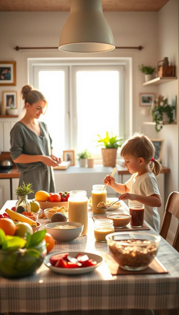 A warm, inviting family kitchen in the morning light, featuring a parent in modest casual clothing preparing breakfast. The foreground showcases a table set with a colorful array of healthy foods, like fruits, oatmeal, and smoothies, exuding a sense of routine and care. In the middle ground, a child, also in casual attire, enthusiastically participates, helping to set the table or pouring a drink. The background reveals a soft, natural glow from the window, illuminating the cozy space filled with family photos and plants, creating an atmosphere of warmth and morning serenity. The overall mood is peaceful, nurturing, and inspiring, ideal for highlighting effective morning routines for parents. The image embodies the essence of "KlickKiste" with its authentic Pinterest-like aesthetic.