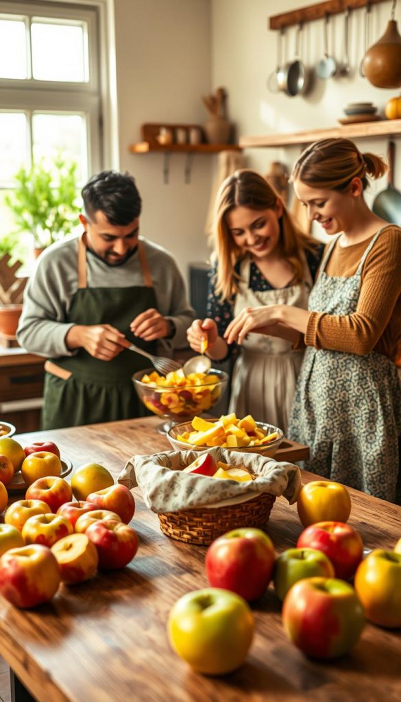 A warm, inviting family kitchen scene showcasing a diverse family joyfully preparing apple-based recipes together. In the foreground, a wooden kitchen table adorned with an array of fresh, vibrant apples in different varieties—red, green, and yellow—alongside a colorful apple pie cooling under a decorative cloth. The middle ground features the family members, a father and mother in modest casual clothing, assisting two children in mixing ingredients and pouring apple slices into a dish, their expressions filled with delight and creativity. The background reveals soft, natural light streaming through a window, illuminating the rustic decor with hints of greenery and homey details like a spice rack and hanging pots. The overall atmosphere is cozy, inspiring, and infused with a sense of togetherness, embodying the spirit of "KlickKiste" and family traditions. A warm, inviting family kitchen scene showcasing a diverse family joyfully preparing apple-based recipes together. In the foreground, a wooden kitchen table adorned with an array of fresh, vibrant apples in different varieties—red, green, and yellow—alongside a colorful apple pie cooling under a decorative cloth. The middle ground features the family members, a father and mother in modest casual clothing, assisting two children in mixing ingredients and pouring apple slices into a dish, their expressions filled with delight and creativity. The background reveals soft, natural light streaming through a window, illuminating the rustic decor with hints of greenery and homey details like a spice rack and hanging pots. The overall atmosphere is cozy, inspiring, and infused with a sense of togetherness, embodying the spirit of "KlickKiste" and family traditions.
