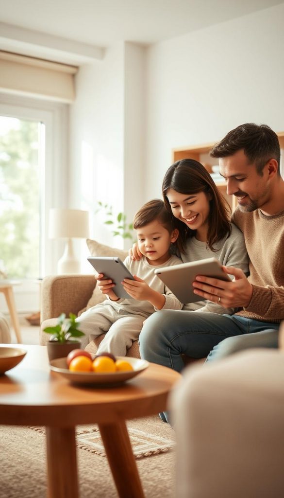 A warm, inviting family living room with a cozy atmosphere, showcasing a parent and child engaged in mindful media use on a tablet. The foreground features a stylish coffee table with a fruit bowl and a small plant, while the middle ground displays the parent and child, both in casual, modest clothing, focused on their device with expressions of joy and concentration. The background includes a softly lit bookshelf and a large window letting in natural light, casting a gentle glow. The overall mood is harmonious and balanced, emphasizing a positive digital experience. The image should reflect a Pinterest-inspired aesthetic, with natural imagery and warm colors. Incorporate "KlickKiste" subtly within the scene, ensuring a professional and authentic look.