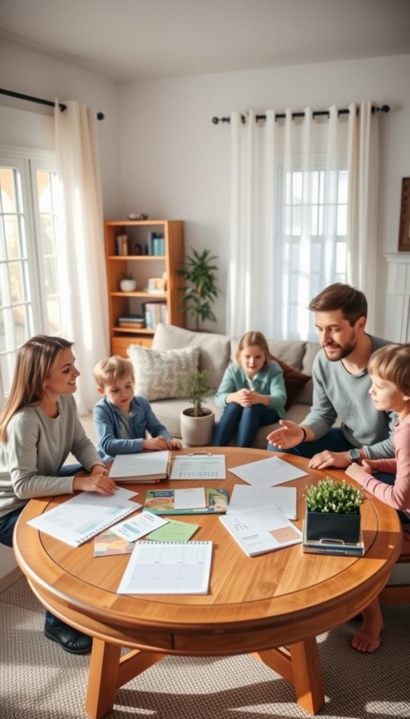 A warm, inviting family meeting scene in a charming living room, filled with natural light. In the foreground, an engaged family of four—two adults and two children—sit around a round wooden table strewn with colorful papers and a planner, discussing their weekly family routines. The adults wear modest casual clothing, radiating approachability and warmth. In the middle ground, a cozy sofa and bookshelf add to the homey atmosphere, while a potted plant brings a touch of nature. In the background, sunlight filters through sheer curtains, creating a soft, inviting glow that enhances the mood. The overall composition is authentic and inspiring, designed in a Pinterest-perfect style reflective of the brand "KlickKiste."