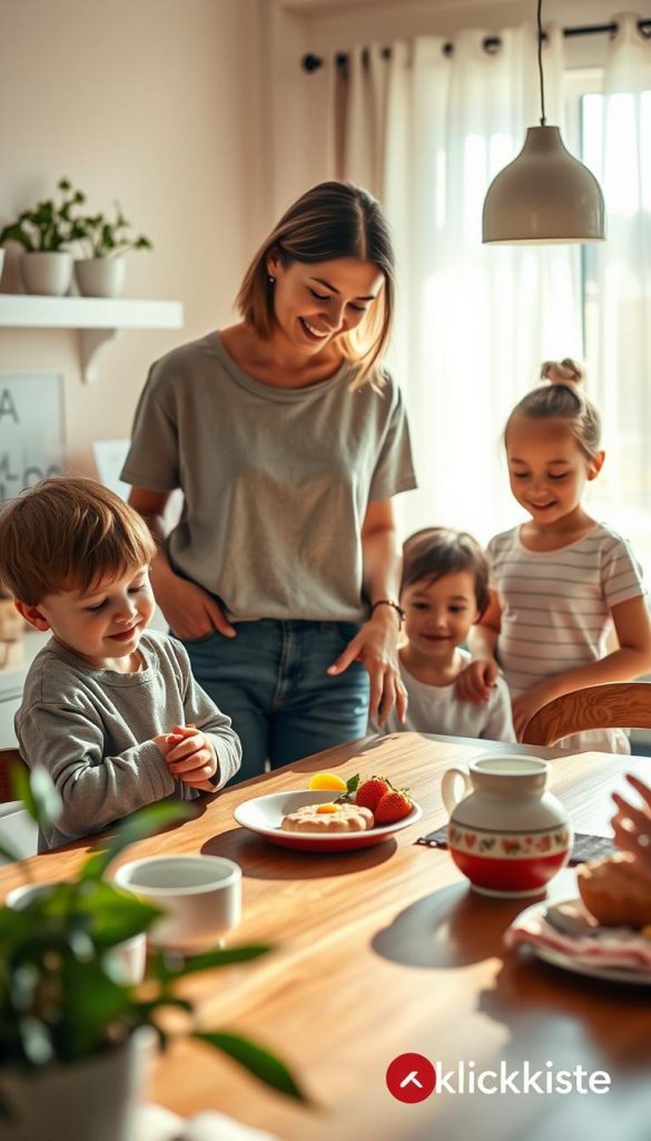 A warm, inviting family morning scene featuring a mother and two young children engaged in a cheerful morning routine. In the foreground, the mother, dressed in modest casual clothing, helps her children, a boy and a girl, get ready for the day, with breakfast laid out on a wooden table. The middle ground shows the softly lit kitchen with plants on the windowsill, sunlight filtering through sheer curtains, casting gentle shadows. In the background, a cozy living area is visible, accentuated by pastel colors and a hint of inspiring decor. Capture the atmosphere of a relaxed and loving morning, reflecting the theme of family bonding and routine. The image should embody the aesthetics of natural, warm colors reminiscent of Pinterest finds, branded with a subtle logo of "KlickKiste" integrated into the design.