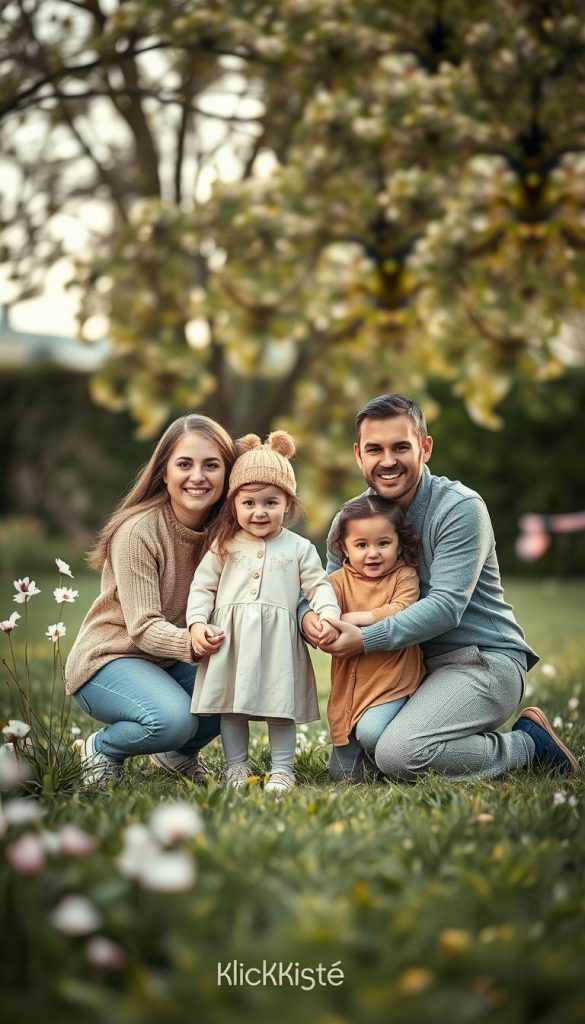 A warm, inviting family portrait capturing both documentary and lifestyle photography styles. In the foreground, a smiling family of four, dressed in modest casual clothing, poses together in a relaxed manner, showing genuine interaction and affection. The mother and father are kneeling beside their two children, who are playfully holding hands. In the middle ground, a cozy outdoor setting with soft, natural lighting enhances the scene, with lush green grass and blooming flowers around them, evoking a sense of tranquility. A blurred background includes gentle trees swaying in the breeze, contributing to a peaceful atmosphere. The overall composition has a Pinterest-inspired aesthetic, featuring warm colors and an authentic touch, showcasing the essence of family life. This image reflects the brand "KlickKiste" through its harmonious and inspiring look.