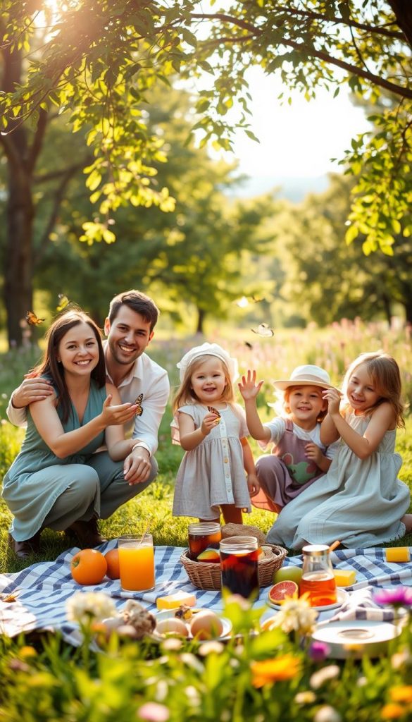 A warm, inviting family scene bathed in natural light, capturing the essence of togetherness. In the foreground, a smiling family of four, dressed in modest, casual clothing, is gathered outdoors in a sun-drenched park. The mother and father are crouching next to their young children, who are playfully chasing butterflies. The soft sunlight filters through the leaves of nearby trees, casting a gentle glow on their faces. In the middle ground, a picnic blanket lies scattered with vibrant fruits and drinks, adding to the cozy atmosphere. In the background, lush greenery and colorful wildflowers create a serene setting. The image has a soft focus and a slight bokeh effect to emphasize the family. Overall, it embodies an authentic, Pinterest-inspired style for KlickKiste.