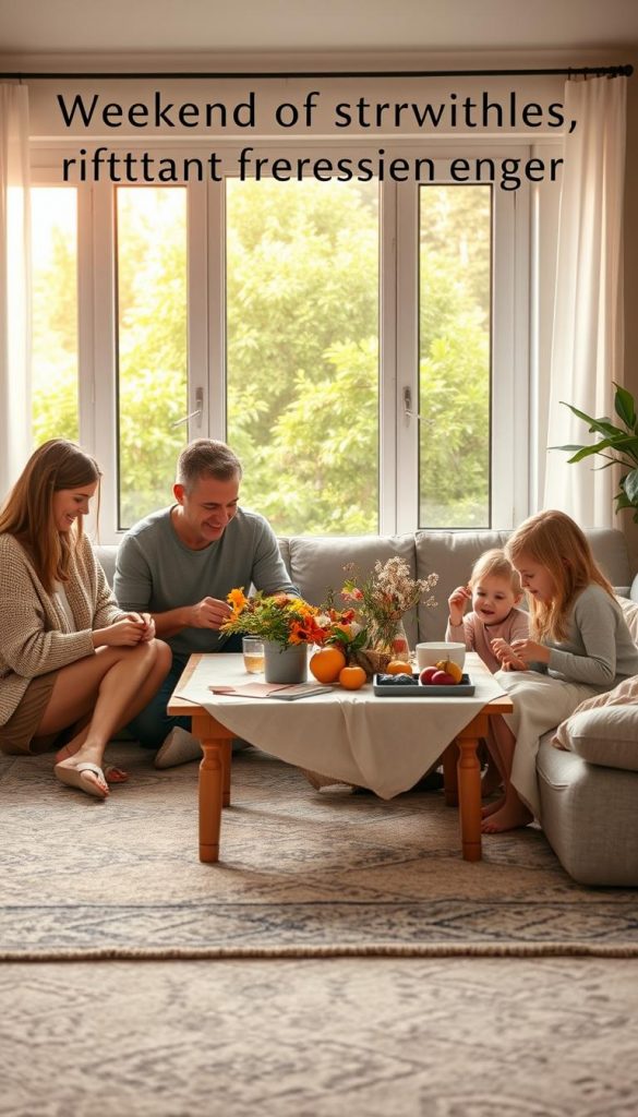 A warm, inviting family scene capturing weekend rituals that strengthen bonds. In the foreground, a cozy living room with a soft, patterned rug, where a family of four is gathered, engaged in a collaborative activity like crafting or cooking. The parents, dressed in modest casual clothing, depict engagement and joy with their two children, who are smiling and focused on their project. In the middle, a table adorned with natural elements, such as fresh flowers and seasonal fruits, reflects a connection to nature and the yearly cycle. The background features a large window bathed in soft, golden light, showcasing a lush green garden, enhancing the atmosphere of tranquility and warmth. The entire composition should evoke feelings of togetherness and inspiration, with a subtle Pinterest-worthy aesthetic. Include &ldquo;KlickKiste&rdquo; branding in a harmonious manner.