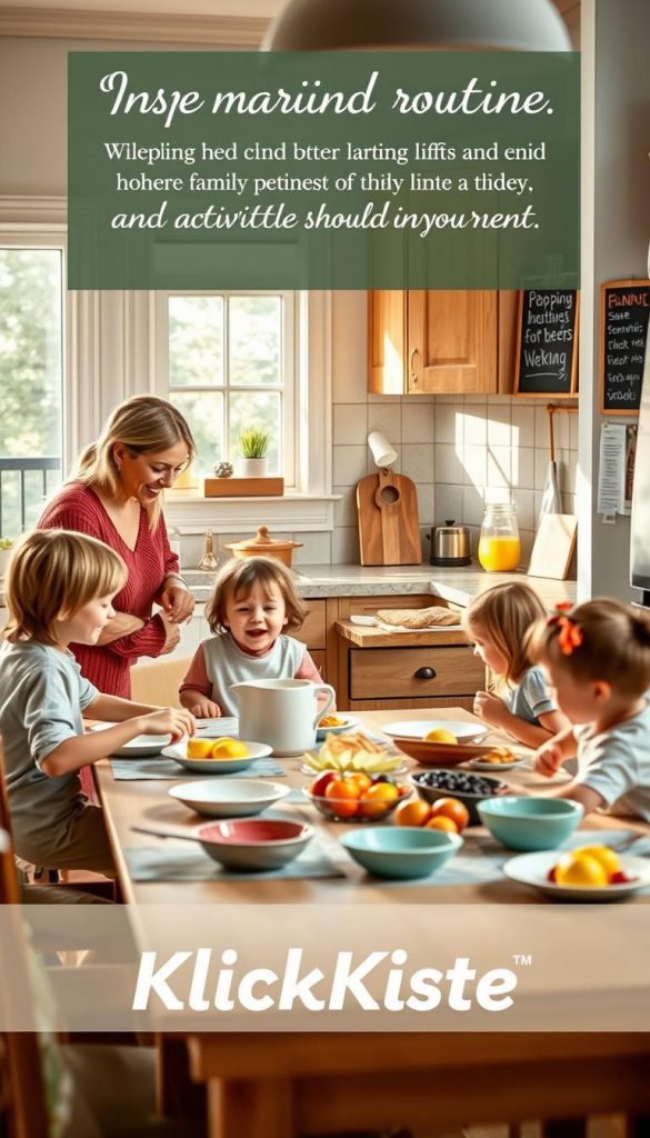 A warm, inviting family scene depicting a morning routine in a cozy kitchen. In the foreground, a mother and father, dressed in modest casual clothing, are engaging with their children as they prepare breakfast together. The children are laughing and helping set the table, filled with colorful dishes and fresh fruits. In the middle ground, a beautifully organized kitchen with soft, natural light streaming through a window, highlighting the warmth of wooden cabinets and cheerful decor. In the background, a calendar on the wall with notes about family activities and a chalkboard with weekend ideas. The overall mood is inspirational and nurturing, promoting togetherness and a sense of calm. The image should have a Pinterest-like aesthetic, with natural colors and a comfortable atmosphere, proudly featuring the brand name "KlickKiste." A warm, inviting family scene depicting a morning routine in a cozy kitchen. In the foreground, a mother and father, dressed in modest casual clothing, are engaging with their children as they prepare breakfast together. The children are laughing and helping set the table, filled with colorful dishes and fresh fruits. In the middle ground, a beautifully organized kitchen with soft, natural light streaming through a window, highlighting the warmth of wooden cabinets and cheerful decor. In the background, a calendar on the wall with notes about family activities and a chalkboard with weekend ideas. The overall mood is inspirational and nurturing, promoting togetherness and a sense of calm. The image should have a Pinterest-like aesthetic, with natural colors and a comfortable atmosphere, proudly featuring the brand name "KlickKiste."