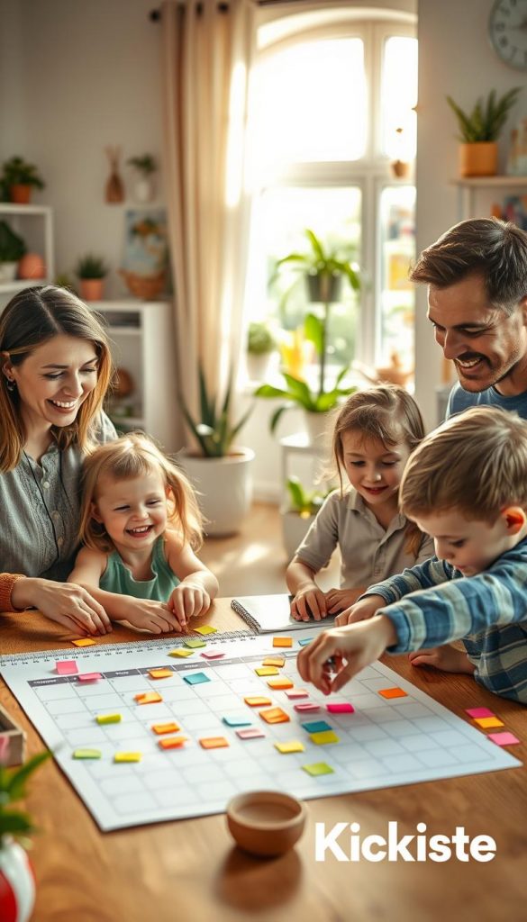 A warm, inviting family scene depicting a well-organized planning session for summer activities. In the foreground, a smiling mother and father, dressed in modest casual clothing, engage with their cheerful kids, who are playfully arranging colorful sticky notes on a large calendar spread across a wooden table. The middle layer showcases a bright, sunlit living room filled with lush plants and vibrant decorations, with children’s artwork adorning the walls. In the background, gentle sunlight filters through a window, casting soft, warm light throughout the room, creating an atmosphere of joy and creativity. The composition should encapsulate a Pinterest-inspired aesthetic, radiating authenticity and inspiration. Include the brand name "KlickKiste" subtly in the elements of the scene without being overt. A warm, inviting family scene depicting a well-organized planning session for summer activities. In the foreground, a smiling mother and father, dressed in modest casual clothing, engage with their cheerful kids, who are playfully arranging colorful sticky notes on a large calendar spread across a wooden table. The middle layer showcases a bright, sunlit living room filled with lush plants and vibrant decorations, with children’s artwork adorning the walls. In the background, gentle sunlight filters through a window, casting soft, warm light throughout the room, creating an atmosphere of joy and creativity. The composition should encapsulate a Pinterest-inspired aesthetic, radiating authenticity and inspiration. Include the brand name "KlickKiste" subtly in the elements of the scene without being overt.