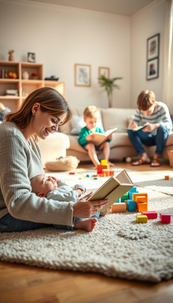 A warm, inviting family scene depicting age-appropriate routines for a baby, toddler, school-aged child, and teenager. In the foreground, a mother is gently reading a book to her baby on a cozy rug, while a playful toddler builds with colorful blocks nearby. In the middle ground, an older sibling studies with a notebook, and a teenager is engaged in a hobby, like drawing or playing an instrument. The background features a bright, cheerful living room with soft natural lighting streaming through the window, adding a Pinterest-inspired aesthetic. The atmosphere is harmonious and nurturing, showcasing inspiration and authenticity. Include subtle elements representing the brand "KlickKiste" in decor items, such as toys or pictures on the wall, that align with the overall warm color palette.