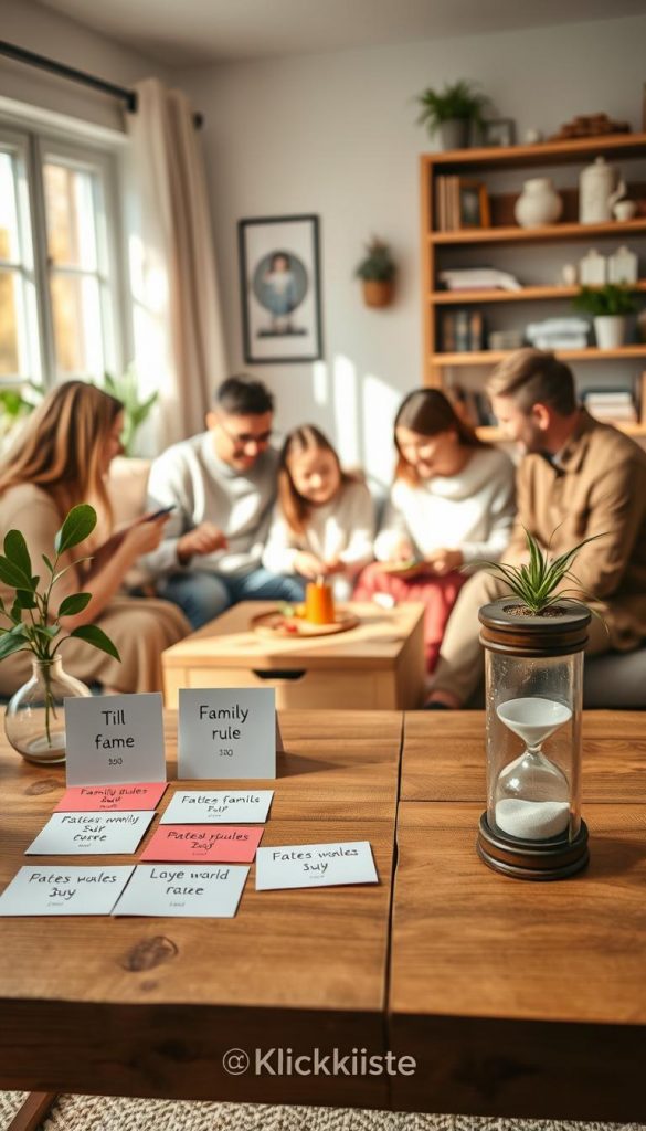 A warm, inviting family scene focused on a cozy living room during a digital detox day. In the foreground, a wooden table displays various family rules written on colorful cards, alongside a sand timer and a plant for a natural touch. The middle features a diverse family, dressed in casual, modest clothing, engaged in activities like board games and crafting, embodying connection and quality time. Soft, natural light filters through a nearby window, casting a gentle glow on their interactions. In the background, shelves filled with books and cozy decor elements enhance the inspiring ambiance. The entire scene conveys a sense of relaxation and togetherness, evoking a Pinterest-worthy aesthetic, with the brand name "KlickKiste" subtly integrated into the decor.
