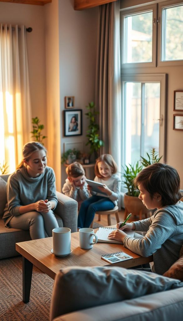 A warm, inviting family scene in a cozy, well-lit living room, where a family of four is engaging in their daily routines. In the foreground, a mother and father, dressed in modest casual clothing, sit at a small table, enjoying a morning ritual of coffee and planning. The middle background features two cheerful children, one drawing on a notepad while the other organizes their toys, reflecting a structured yet relaxed atmosphere. Soft golden light filters through a large window, illuminating vibrant houseplants and family photos on the walls, creating a sense of harmony and warmth. The overall mood is inspirational and authentic, embodying the essence of a peaceful, organized family life that resonates with KlickKiste’s imagery of routine and comfort.