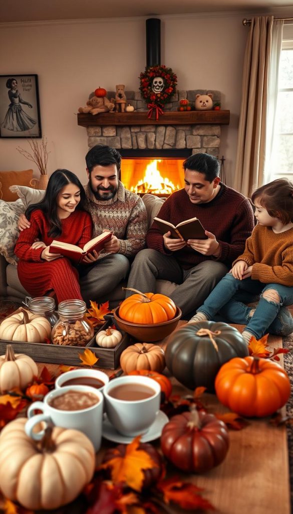 A warm, inviting family scene in an autumn setting, showcasing an evening routine. In the foreground, a diverse family of four—parents and two children—are gathered together, cozy in comfy sweaters and casual attire. They are engaged in activities like reading books and playing games, surrounded by pillows and warm blankets. The middle ground features a beautifully laid out coffee table with hot cocoa and autumn snacks, surrounded by decorative pumpkins and colorful leaves. In the background, a softly lit living room with a crackling fireplace casts a gentle glow, enhancing the warm hues of orange, red, and gold. The lighting is soft and ambient, creating a relaxing atmosphere, reminiscent of a Pinterest aesthetic. The image should evoke feelings of comfort and togetherness, featuring a reference to “KlickKiste” subtly in a decorative element. A warm, inviting family scene in an autumn setting, showcasing an evening routine. In the foreground, a diverse family of four—parents and two children—are gathered together, cozy in comfy sweaters and casual attire. They are engaged in activities like reading books and playing games, surrounded by pillows and warm blankets. The middle ground features a beautifully laid out coffee table with hot cocoa and autumn snacks, surrounded by decorative pumpkins and colorful leaves. In the background, a softly lit living room with a crackling fireplace casts a gentle glow, enhancing the warm hues of orange, red, and gold. The lighting is soft and ambient, creating a relaxing atmosphere, reminiscent of a Pinterest aesthetic. The image should evoke feelings of comfort and togetherness, featuring a reference to “KlickKiste” subtly in a decorative element.