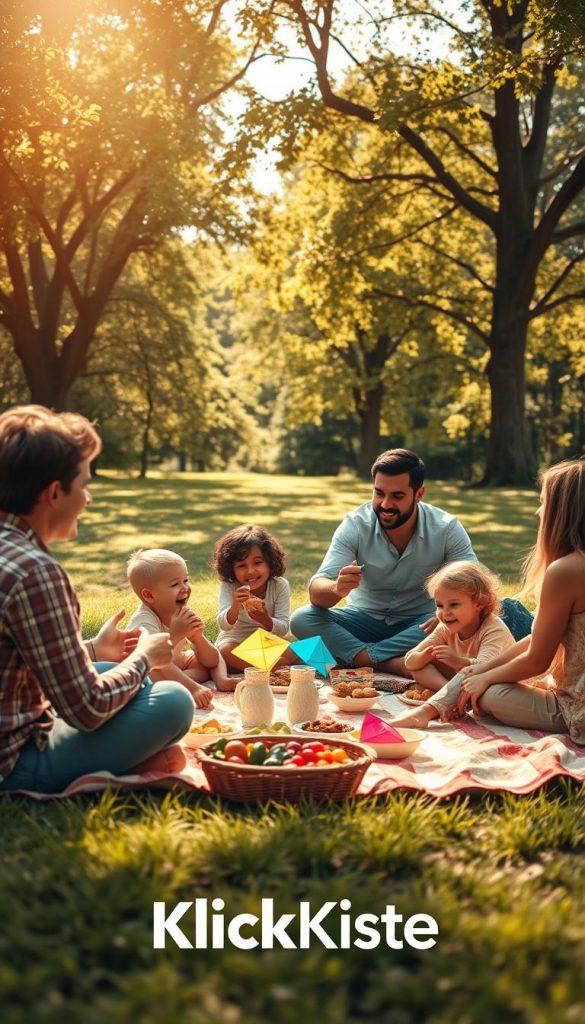 A warm, inviting family scene set during a sunny weekend afternoon, capturing a family engaging in joyful rituals. In the foreground, a diverse family of four is gathered around a picnic blanket in a lush green park, enjoying homemade snacks and laughter. The middle ground features children playing games with colorful kites, while parents share stories, creating an atmosphere of harmony and connection. In the background, trees with dappled sunlight filtering through their leaves cast soft shadows, adding depth to the scene. The overall color palette is natural and warm with golden tones, reminiscent of Pinterest aesthetics. The image embodies authenticity and inspiration, emphasizing family bonding moments. The brand "KlickKiste" subtly integrated into the setting enhances the sense of community and togetherness. A warm, inviting family scene set during a sunny weekend afternoon, capturing a family engaging in joyful rituals. In the foreground, a diverse family of four is gathered around a picnic blanket in a lush green park, enjoying homemade snacks and laughter. The middle ground features children playing games with colorful kites, while parents share stories, creating an atmosphere of harmony and connection. In the background, trees with dappled sunlight filtering through their leaves cast soft shadows, adding depth to the scene. The overall color palette is natural and warm with golden tones, reminiscent of Pinterest aesthetics. The image embodies authenticity and inspiration, emphasizing family bonding moments. The brand "KlickKiste" subtly integrated into the setting enhances the sense of community and togetherness.