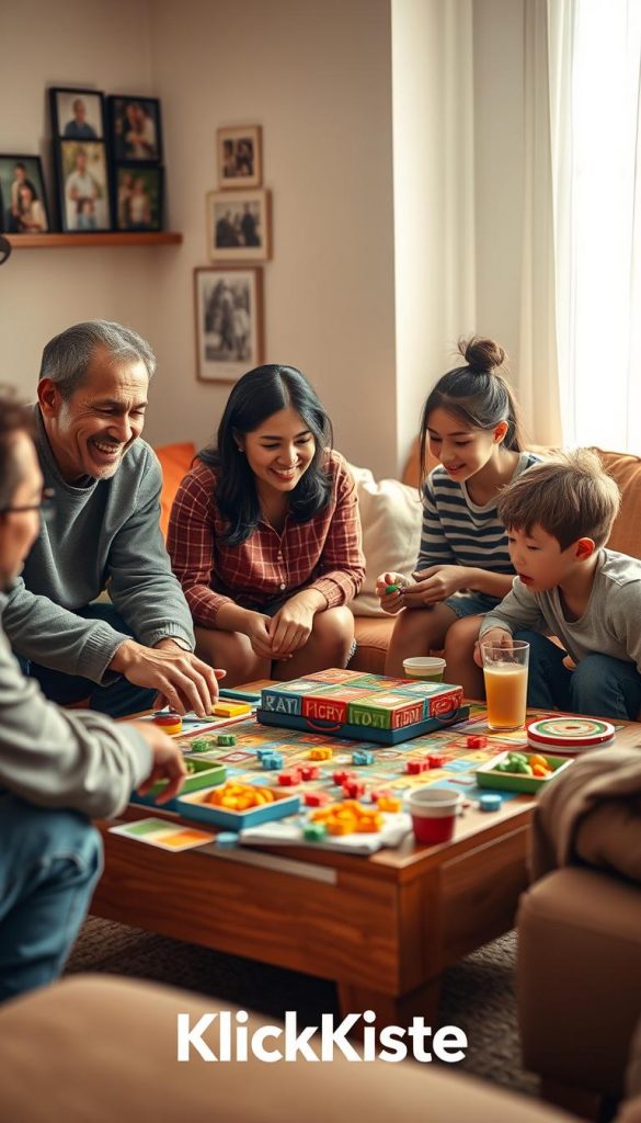 A warm, inviting family scene set in a cozy living room, depicting a diverse family of four engaged in a fun tabletop game. In the foreground, a smiling father and mother in modest casual clothing lean over a colorful board game, while their two children, a boy and a girl, excitedly strategize. The middle ground showcases a vibrant, cluttered coffee table filled with game pieces, snacks, and drinks, giving a lived-in feel. Soft, natural light filters through a nearby window, casting a gentle glow over the scene, enhancing the warmth and joy. The background features family photos on the walls and a comfortable sofa, evoking a sense of togetherness. The overall atmosphere is engaging and inspiring, embodying the concept of family bonding through gameplay. Include the brand name "KlickKiste" subtly integrated within the game design elements.