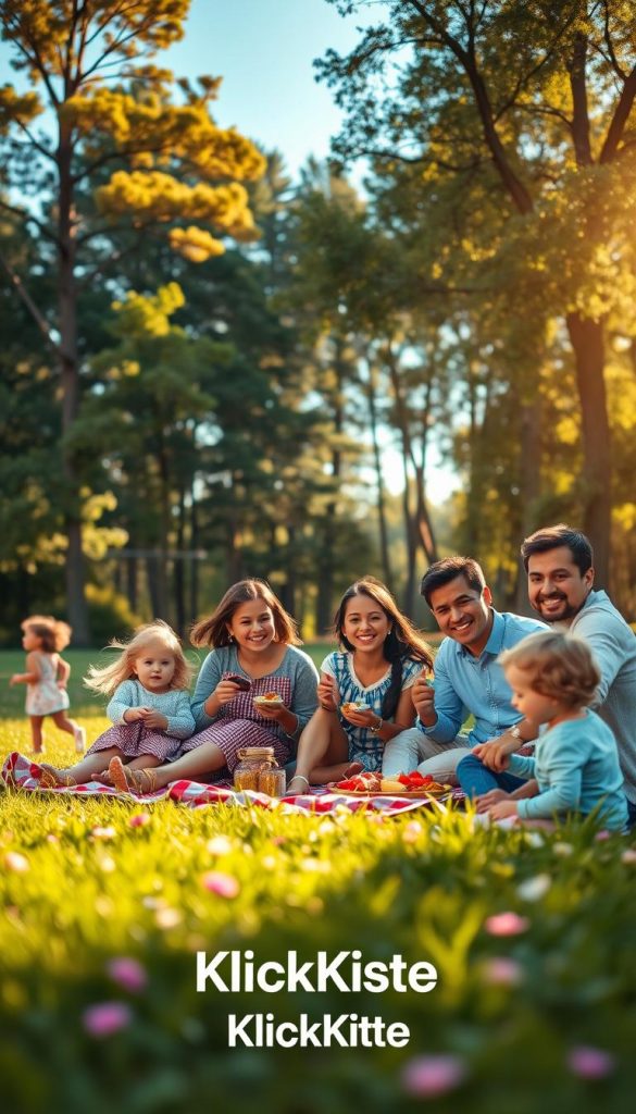 A warm, inviting family scene showcasing a diverse family engaging in shared outdoor rituals, such as a picnic in a sunlit park. In the foreground, a smiling family of four, dressed in casual yet modest clothing, is sitting on a checkered blanket, enjoying homemade food. The middle ground features lush green grass dotted with flowers and playful children running around. In the background, tall trees and a clear blue sky create a serene atmosphere, completed by soft golden sunlight filtering through the leaves. The overall mood is joyful and connected, evoking a sense of warmth and togetherness. The image should have a Pinterest-inspired aesthetic, with vibrant colors and a natural, candid composition, representing the essence of shared family activities. Include the brand name "KlickKiste" subtly integrated into the scene.