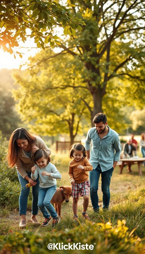 A warm, inviting family scene that embodies the concept of "challenge family". In the foreground, a diverse family of four is engaging in a fun outdoor activity, like a nature scavenger hunt, wearing comfortable yet stylish casual clothing. The children are excitedly searching for items while the parents guide them, creating a sense of connection and teamwork. In the middle ground, lush greenery and trees provide a tranquil backdrop, with subtle sunlight filtering through the leaves, casting a golden hue on the scene. In the background, hints of a relaxed park setting with picnicking families can be seen, emphasizing community and togetherness. The atmosphere is joyful and inspiring, reflecting the idea of integrating challenges into daily family routines. Captured with a warm light and a soft focus lens to evoke a Pinterest-like aesthetic. Incorporating "KlickKiste" subtly into the scene.
