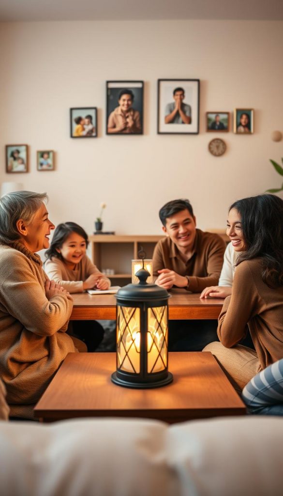 A warm, inviting family setting that captures the essence of communication and appreciation. In the foreground, a diverse group of four family members of varying ages sit around a cozy living room table, engaged in a lively conversation, their expressions reflecting attentiveness and joy. They are dressed in modest, casual clothing suitable for a homely environment. In the middle ground, a softly glowing lantern casts gentle light, creating an intimate atmosphere. In the background, family photos adorn the walls, symbolizing connections and shared memories. The color palette consists of natural, warm tones, enhancing the cozy vibe and inspiring a sense of togetherness. The image should reflect authenticity and warmth, resembling a Pinterest-worthy scene, with the brand name "KlickKiste" subtly represented in the setting.