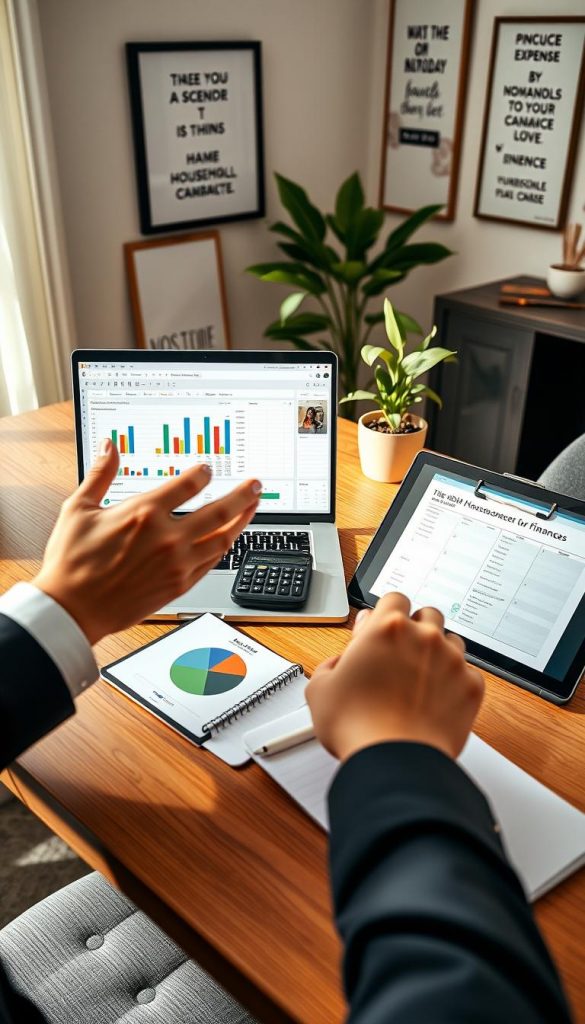 A warm, inviting home office scene showcasing a balanced approach to finances. In the foreground, a stylish wooden desk holds an open laptop displaying a budget spreadsheet, colorful pie charts, and a neatly arranged planner. A pair of hands of a person in professional attire (smart casual) is gesturing towards the laptop, inviting collaboration. In the middle, a clipboard with household expenses and a calculator sits next to a cozy plant, indicating a harmonious environment. In the background, a wall-mounted calendar and framed motivational quotes create an atmosphere of inspiration and organization. Soft natural light filters in through a window, casting a gentle glow over the entire scene, enhancing the warm colors. Incorporate hints of modern decor and the brand name "KlickKiste" subtly placed on the planner. A warm, inviting home office scene showcasing a balanced approach to finances. In the foreground, a stylish wooden desk holds an open laptop displaying a budget spreadsheet, colorful pie charts, and a neatly arranged planner. A pair of hands of a person in professional attire (smart casual) is gesturing towards the laptop, inviting collaboration. In the middle, a clipboard with household expenses and a calculator sits next to a cozy plant, indicating a harmonious environment. In the background, a wall-mounted calendar and framed motivational quotes create an atmosphere of inspiration and organization. Soft natural light filters in through a window, casting a gentle glow over the entire scene, enhancing the warm colors. Incorporate hints of modern decor and the brand name "KlickKiste" subtly placed on the planner.