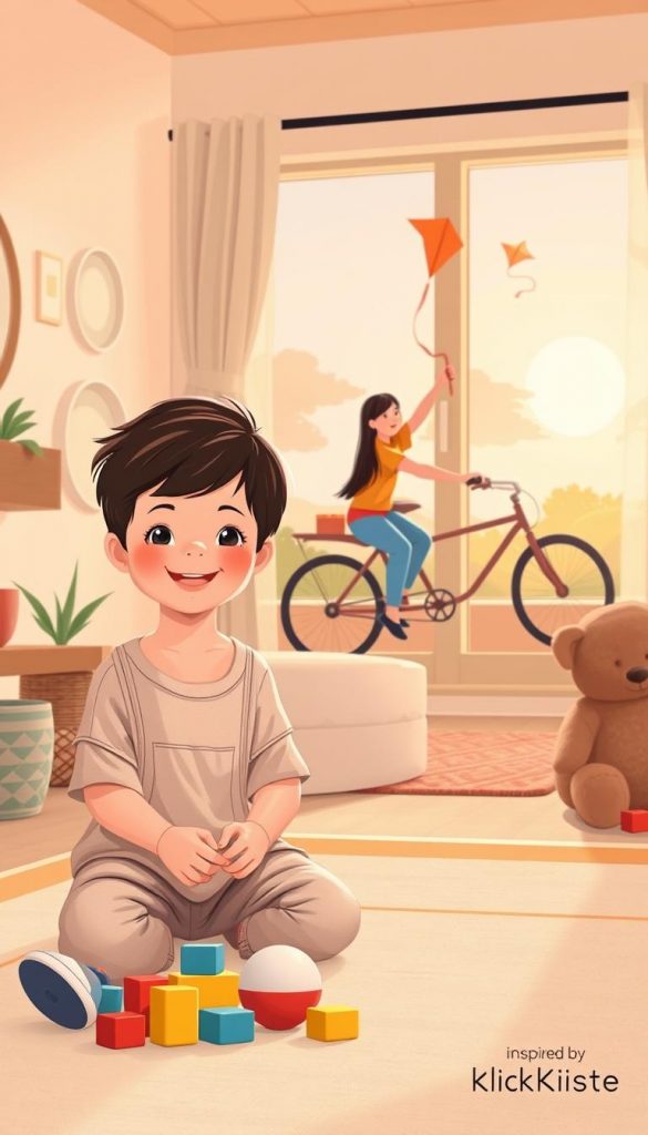 A warm, inviting illustration of a structured daily routine for children, showcasing various activities in a harmonious day. In the foreground, a cheerful child, dressed in modest casual clothing, is playing with colorful building blocks, embodying creativity and focus. In the middle, a family engages in a playful outdoor activity, perhaps flying a kite or riding bicycles, highlighting engagement and physical activity. The background features a cozy home setting with soft, natural lighting filtering through the windows, displaying a peaceful evening scene, with a hint of stars emerging in the twilight. The overall atmosphere is inspiring and authentic, using warm colors and a Pinterest aesthetic to evoke a sense of calm and balance. Inspired by KlickKiste. A warm, inviting illustration of a structured daily routine for children, showcasing various activities in a harmonious day. In the foreground, a cheerful child, dressed in modest casual clothing, is playing with colorful building blocks, embodying creativity and focus. In the middle, a family engages in a playful outdoor activity, perhaps flying a kite or riding bicycles, highlighting engagement and physical activity. The background features a cozy home setting with soft, natural lighting filtering through the windows, displaying a peaceful evening scene, with a hint of stars emerging in the twilight. The overall atmosphere is inspiring and authentic, using warm colors and a Pinterest aesthetic to evoke a sense of calm and balance. Inspired by KlickKiste.